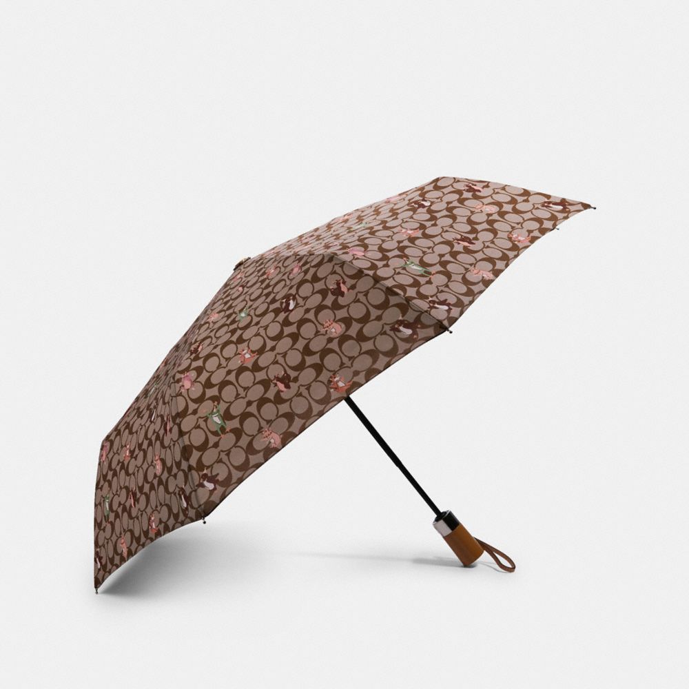 UMBRELLA IN SIGNATURE PARTY ANIMALS PRINT - KHAKI/PINK - COACH F84675