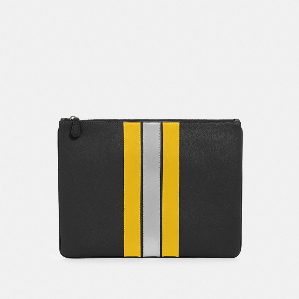 COACH F84737 LARGE POUCH WITH VARSITY STRIPE QB/BLACK/BANANA/SILVER