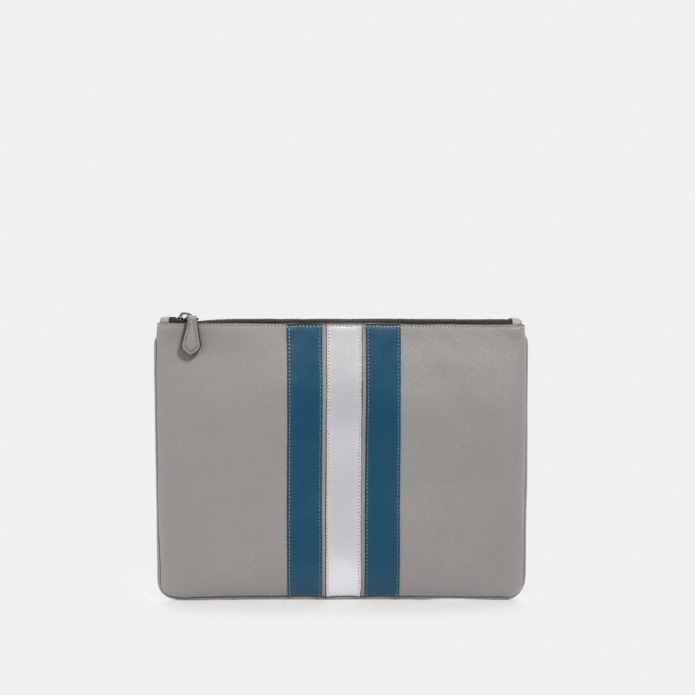 COACH LARGE POUCH WITH VARSITY STRIPE - QB/HEATHER GREY/AEGEAN/SILVER - F84737