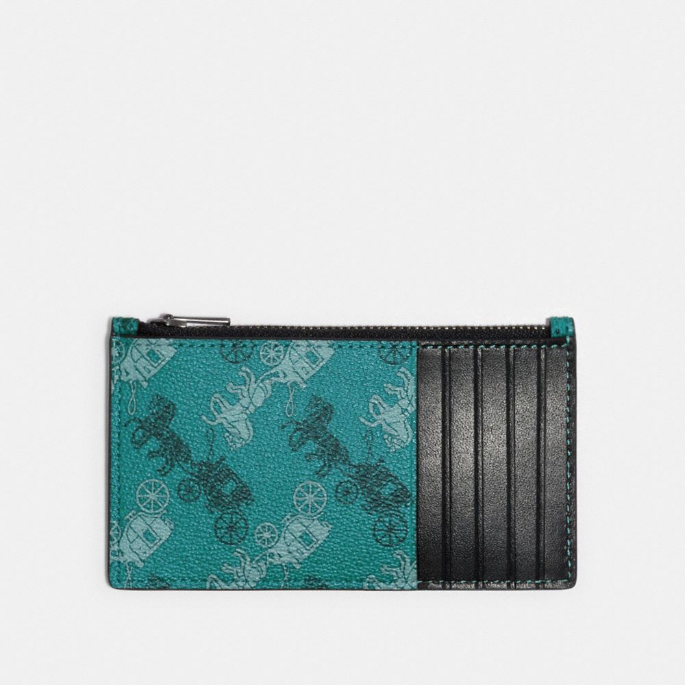 ZIP CARD CASE WITH HORSE AND CARRIAGE PRINT - F84740 - QB/VIRIDIAN