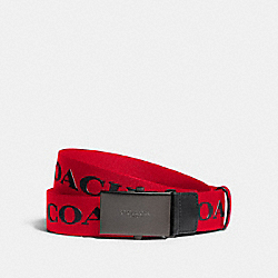 COACH F84746 Plaque Buckle Belt With Coach Print, 35mm QB/RED MULTI