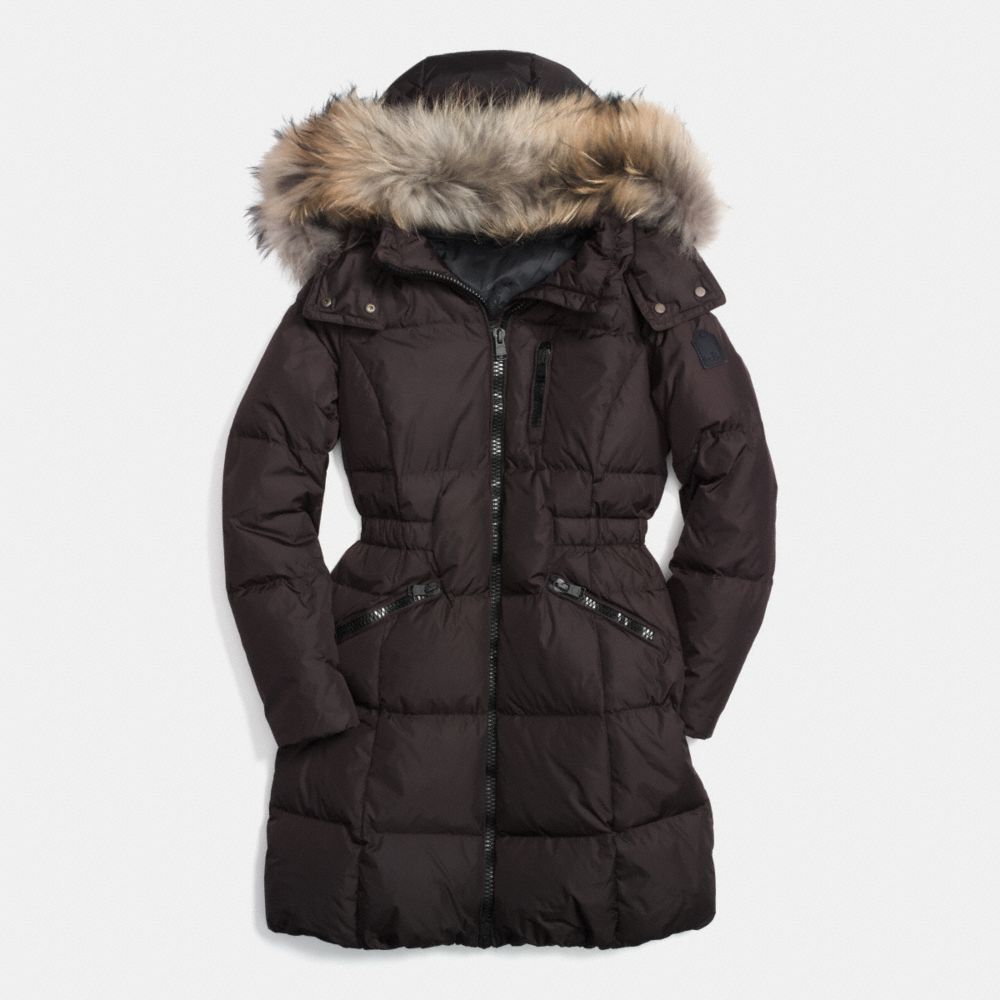 COACH F84769 Solid Long Down Coat With Fur CHOCOLATE