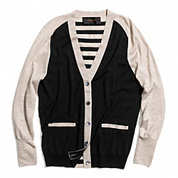 MERINO PATCHED BAR STRIPE BOYFRIEND CARDIGAN - f84790 - BLACK/MULTICOLOR