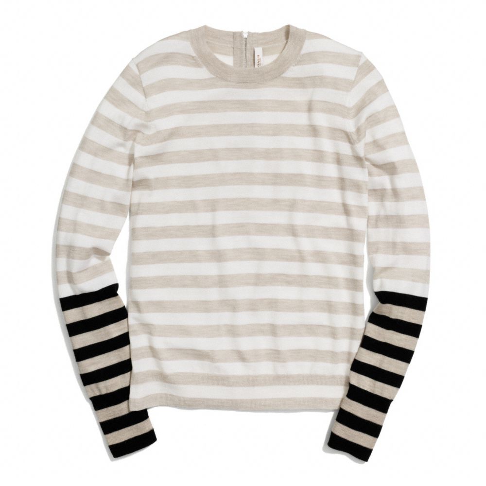 COACH F84824 Merino Bar Stripe Zip Back Crewneck Sweater BEIGE/WHITE