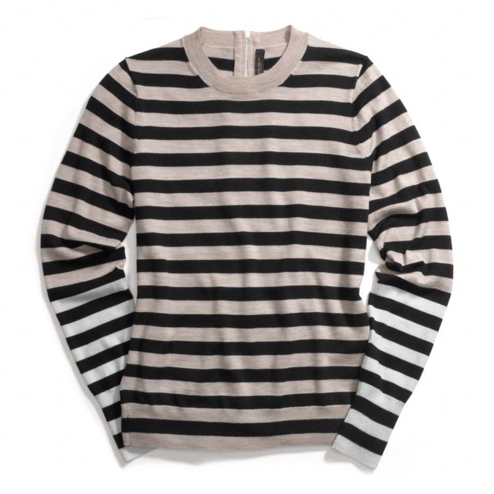 COACH F84824 Merino Bar Stripe Zip Back Crewneck Sweater BEIGE/BLACK
