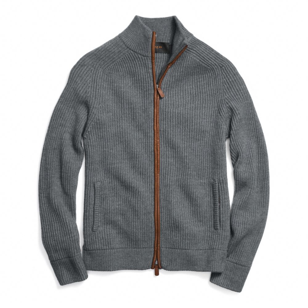 COACH F84964 - 2 WAY ZIP WOOL RIBBED CARDIGAN - GRAY | COACH MEN