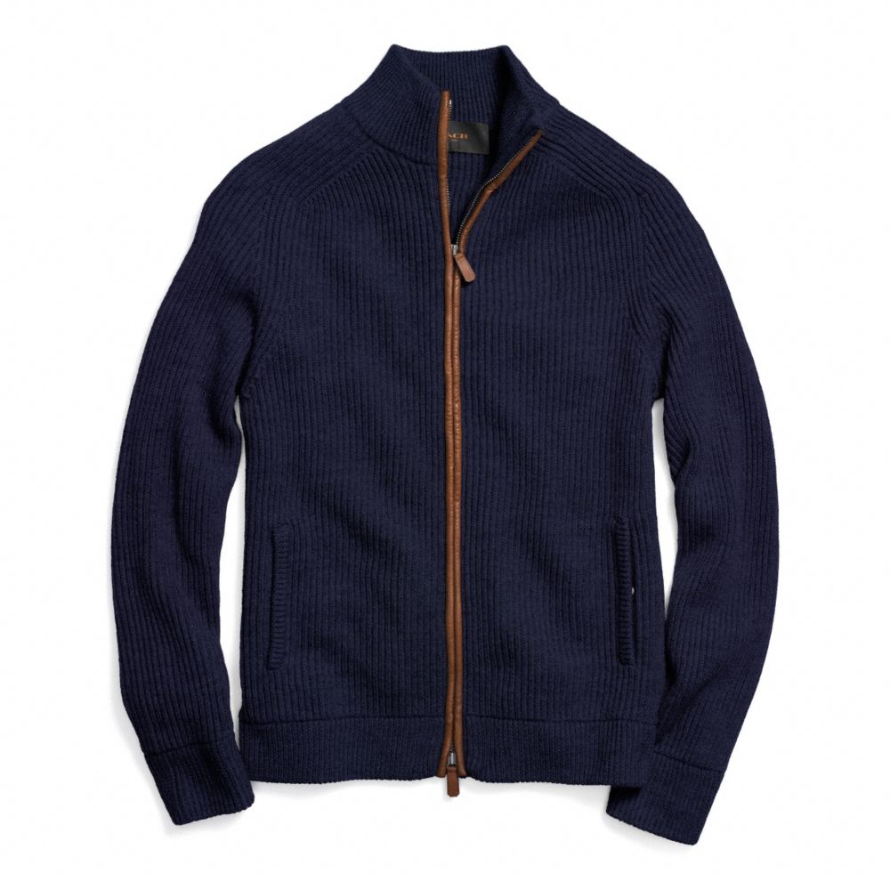 COACH F84964 2 Way Zip Wool Ribbed Cardigan NAVY