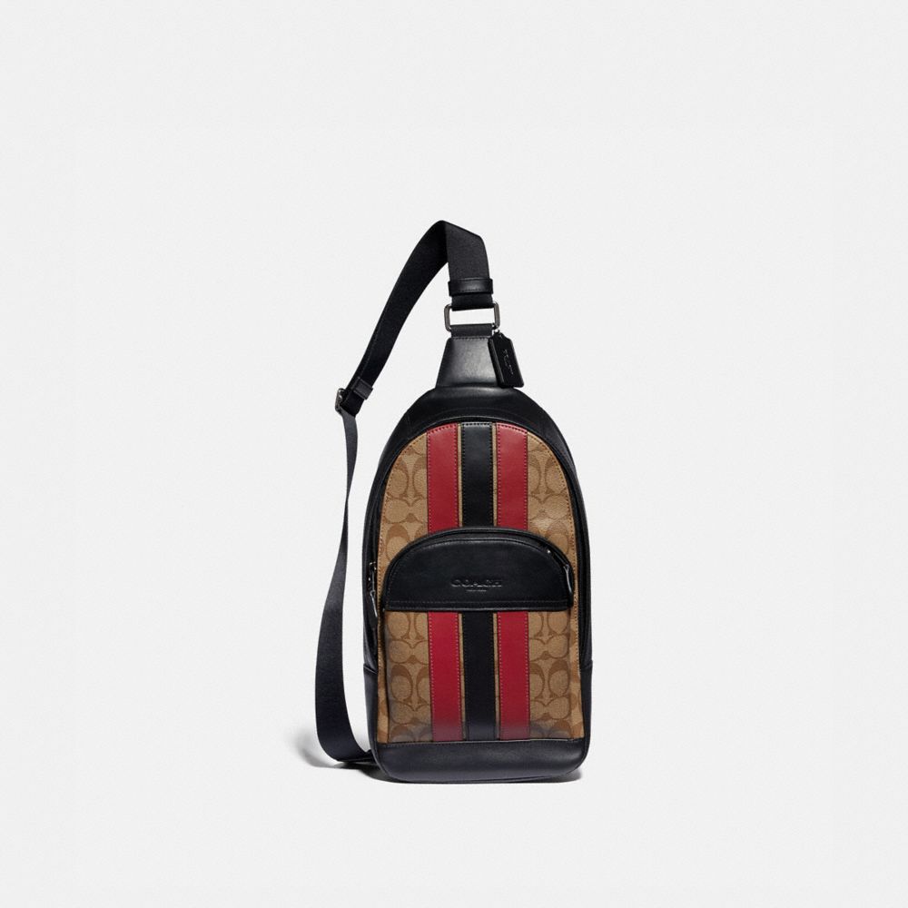 HOUSTON PACK IN SIGNATURE CANVAS WITH VARSITY STRIPE - F85035 - QB/TAN/SOFT RED/BLACK