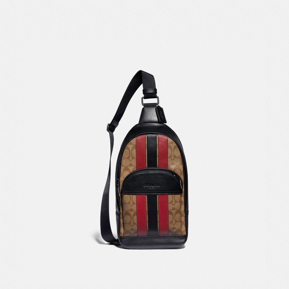 COACH F85035 HOUSTON PACK IN SIGNATURE CANVAS WITH VARSITY STRIPE QB/TAN/SOFT RED/BLACK