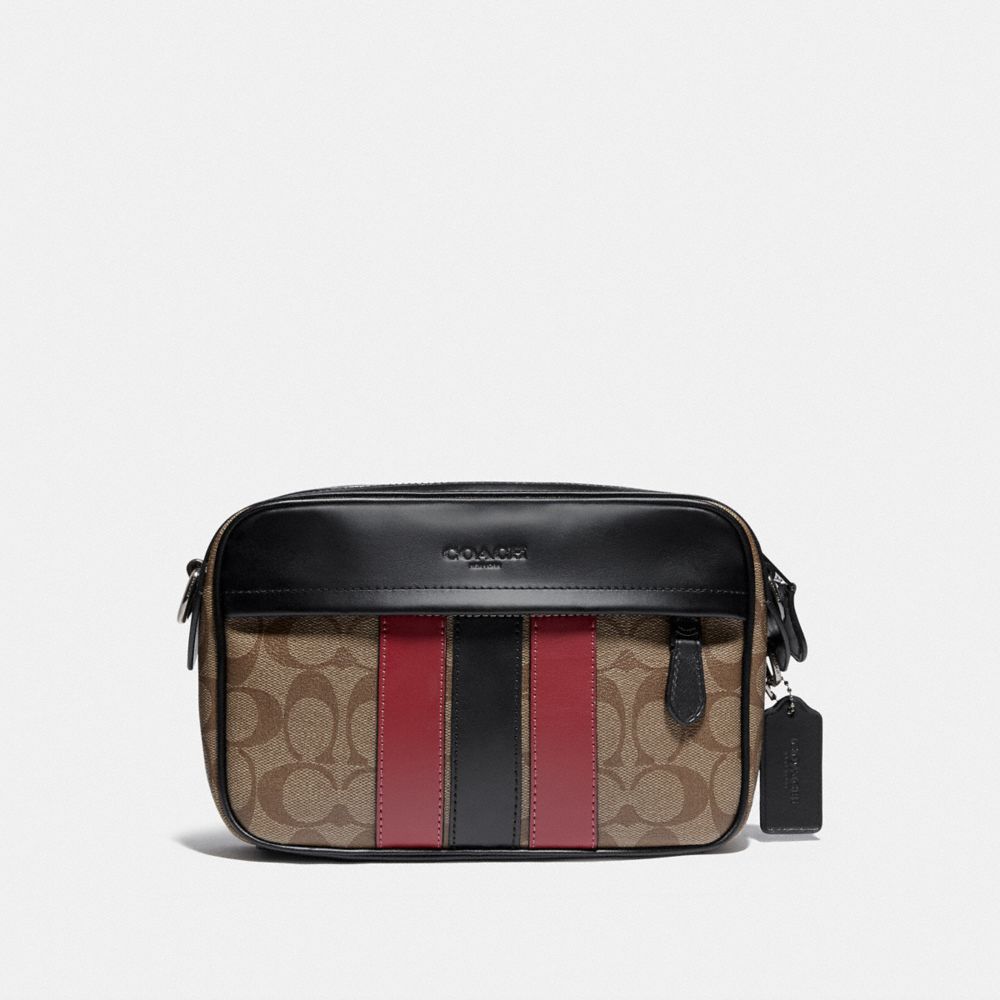 COACH F85037 Graham Crossbody In Signature Canvas With Varsity Stripe QB/TAN/SOFT RED/BLACK