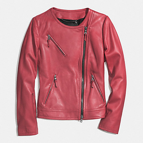 COACH F85089 COLLARLESS LEATHER JACKET LOGANBERRY