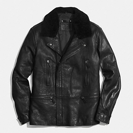 COACH LONG LEATHER MOTO JACKET WITH SHEARLING COLLAR - BLACK/BLACK - f85100