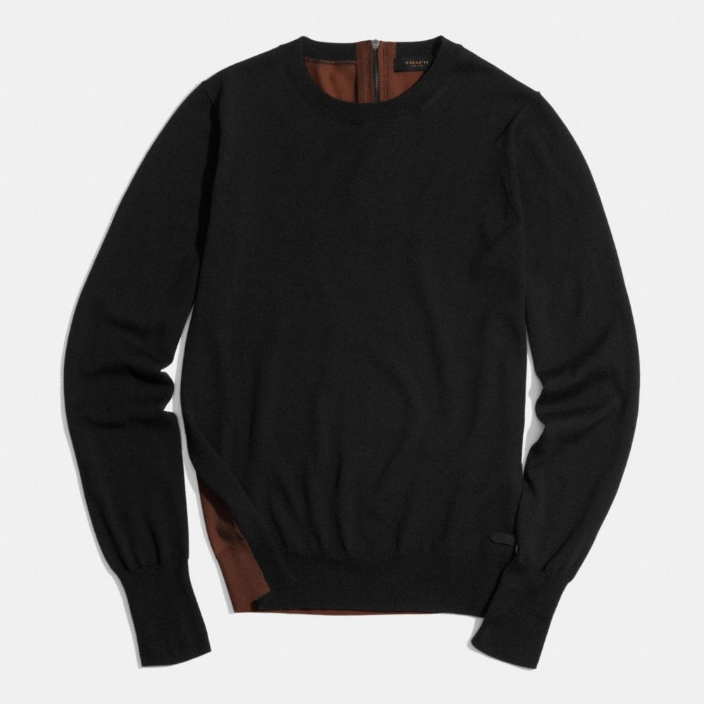 COACH F85111 Merino Colorblock Crew Sweater  BLACK/OAK