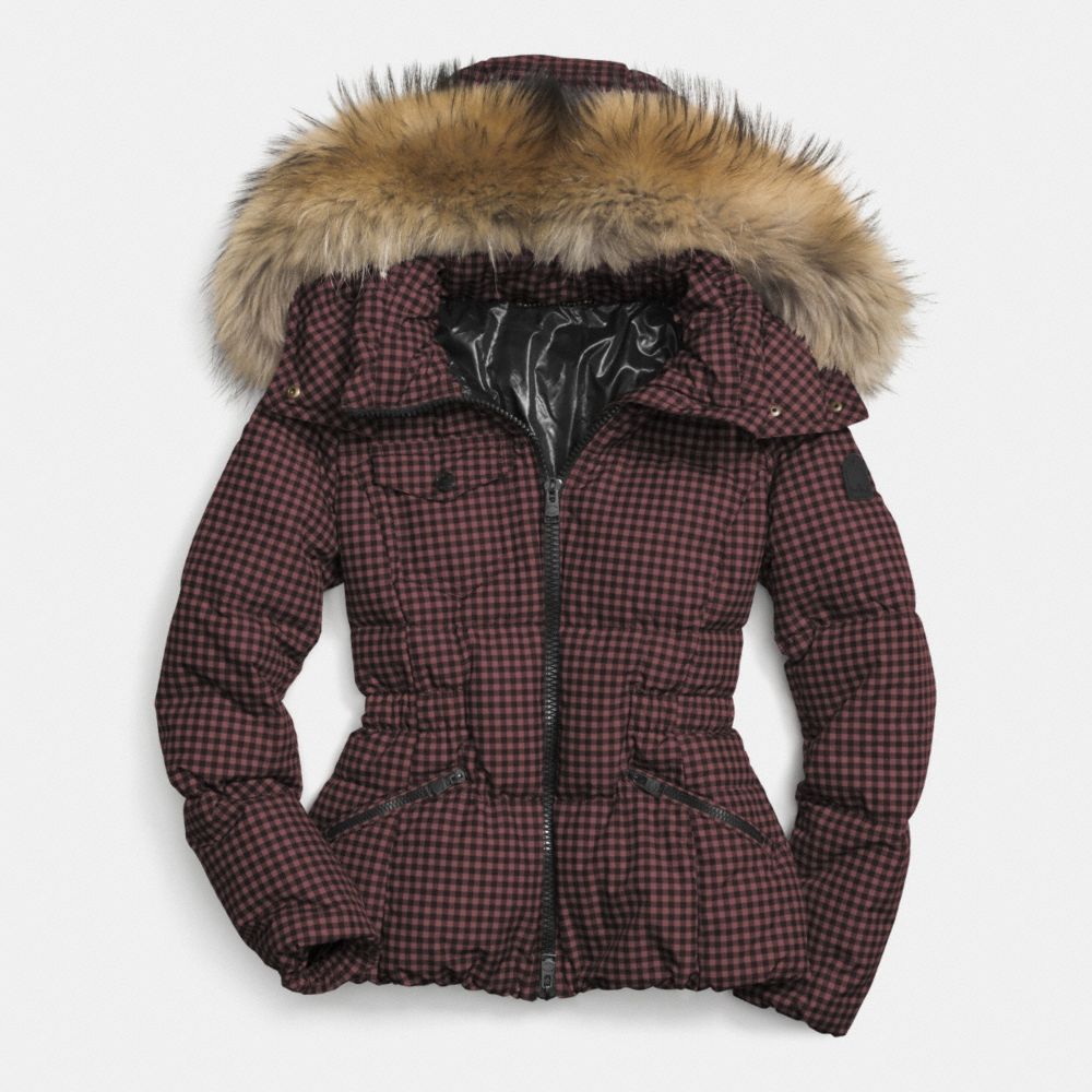 GINGHAM CHECK SHORT DOWN COAT WITH FUR TRIM - BROWN/BLACK - COACH F85130
