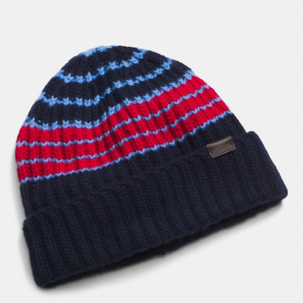 CASHMERE VARIEGATED STRIPE RIB HAT - NAVY/RED - COACH F85319