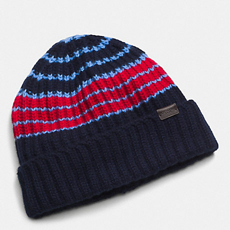 COACH CASHMERE VARIEGATED STRIPE RIB HAT - NAVY/RED - f85319