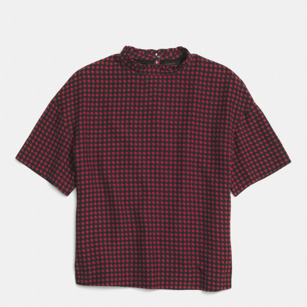 HOUNDSTOOTH RUFFLE NECK T-SHIRT - f85517 - RED/BLACK