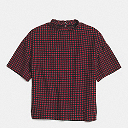 HOUNDSTOOTH RUFFLE NECK T-SHIRT - f85517 - RED/BLACK