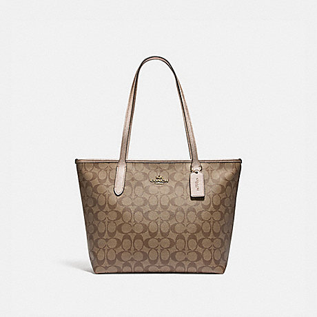 COACH F85693 ZIP TOP TOTE IN SIGNATURE CANVAS IM/KHAKI-PLATINUM