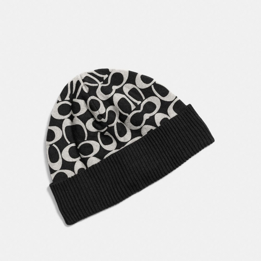 COACH F86024 Signature Knit Hat BLACK PALE GREY