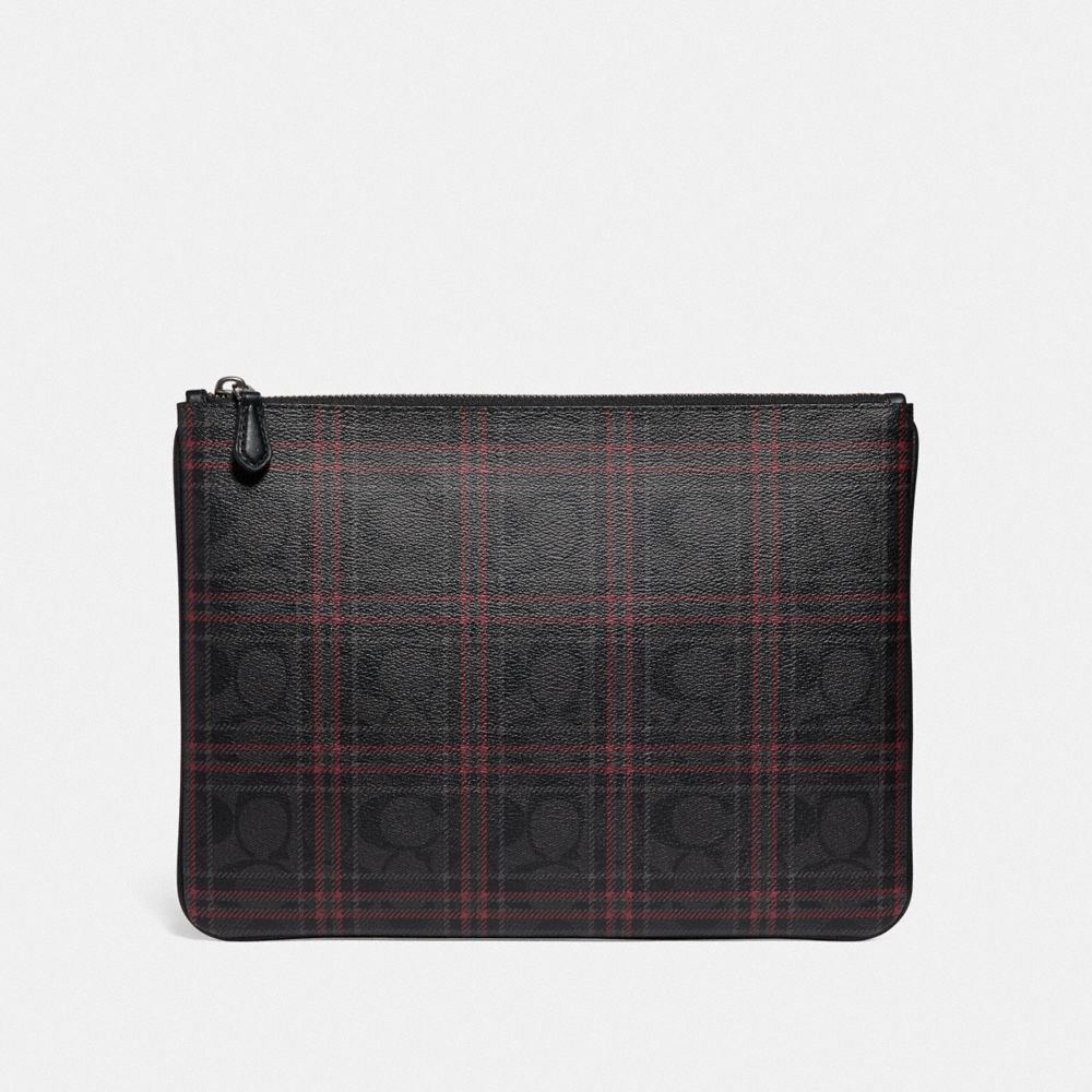 COACH F86111 - LARGE POUCH IN SIGNATURE CANVAS WITH SHIRTING PLAID PRINT QB/BLACK RED MULTI