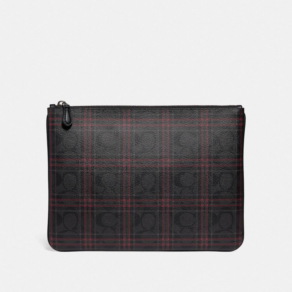 COACH F86111 LARGE POUCH IN SIGNATURE CANVAS WITH SHIRTING PLAID PRINT QB/BLACK RED MULTI