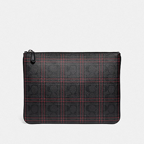 COACH F86111 LARGE POUCH IN SIGNATURE CANVAS WITH SHIRTING PLAID PRINT QB/BLACK-RED-MULTI