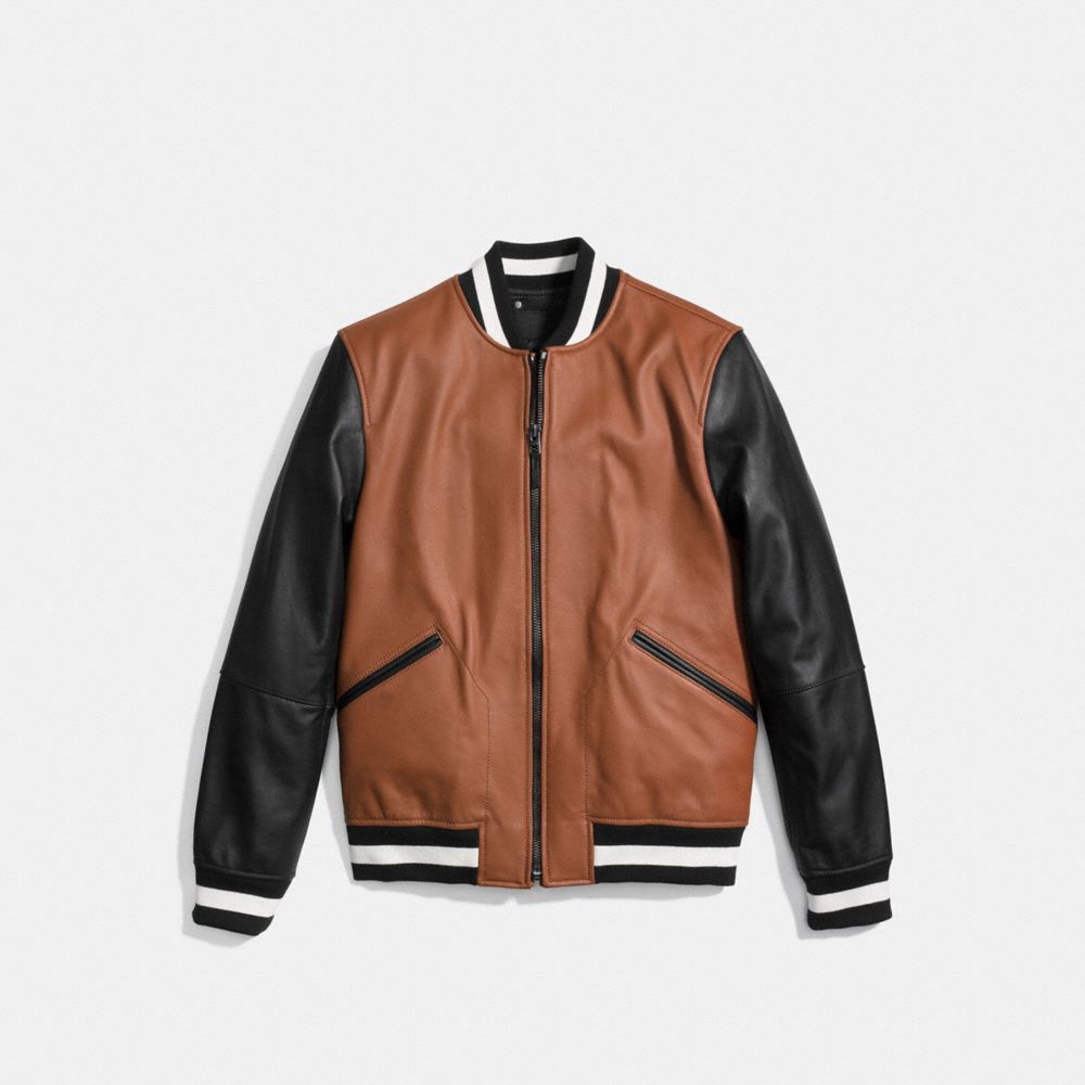 LEATHER VARSITY JACKET - f86146 - SADDLE/BLACK