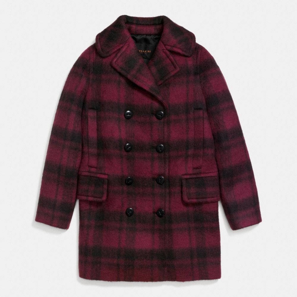 PLAID LONG PEACOAT - f86235 - DARK CRANBERRY