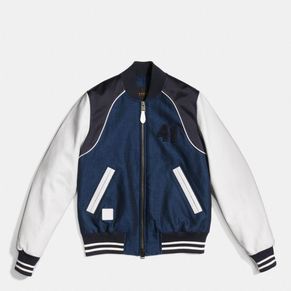 COACH F86427 Piped Varsity Jacket DENIM/IVORY