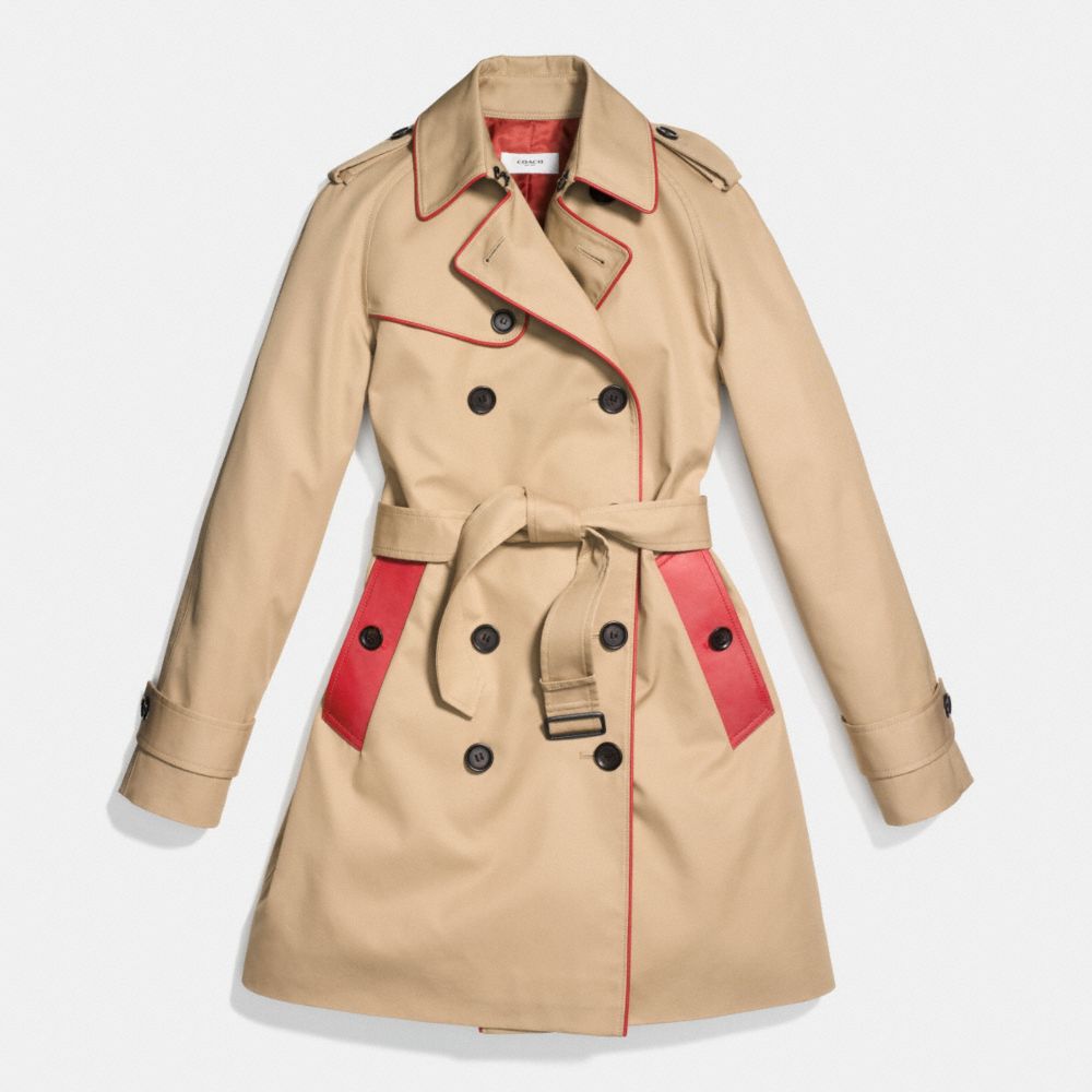 COACH f86460 LEATHER PIPED TRENCH COAT CLASSIC KHAKI/VERMILLION