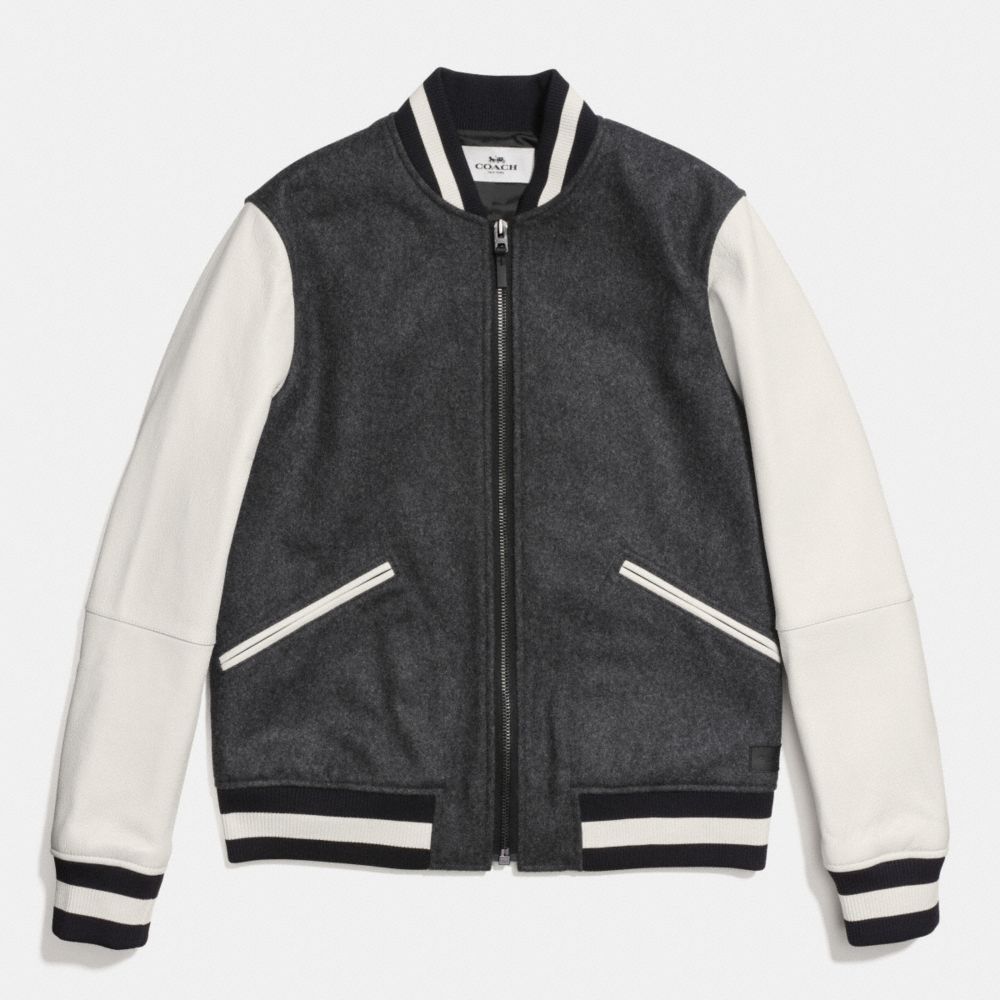 COACH WOOL LEATHER VARSITY JACKET - HEATHER GREY/CHALK - f86524