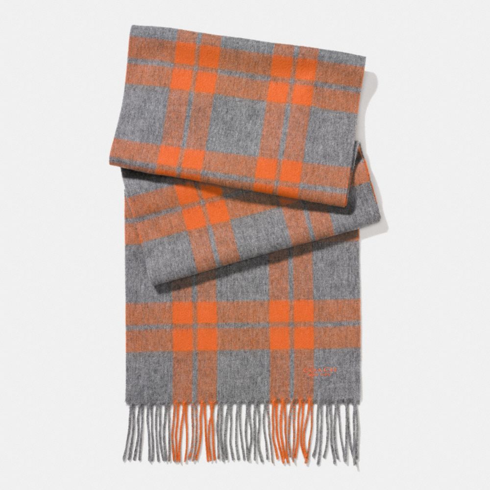 COACH F86538 Cashmere Blend Mount Plaid Scarf CHARCOAL/ORANGE