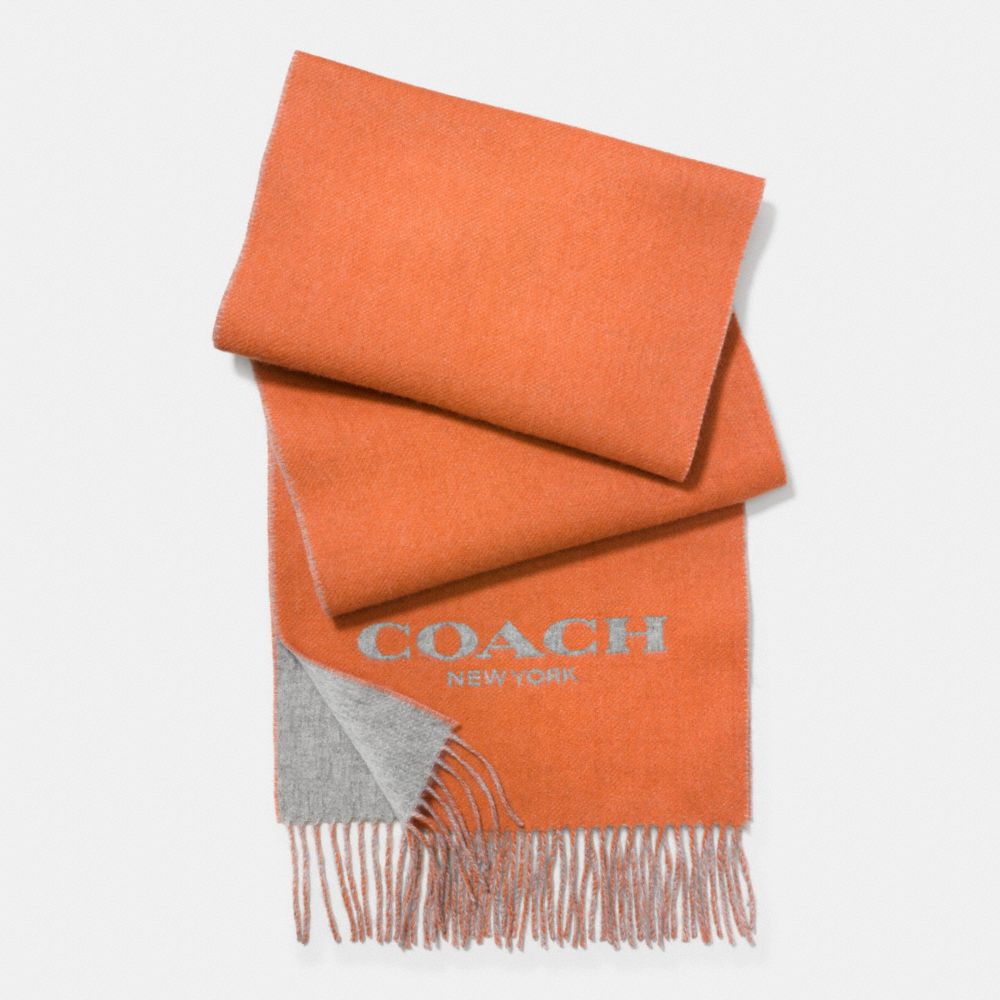 COACH f86542 CASHMERE BLEND BI-COLOR LOGO SCARF ORANGE/FOG