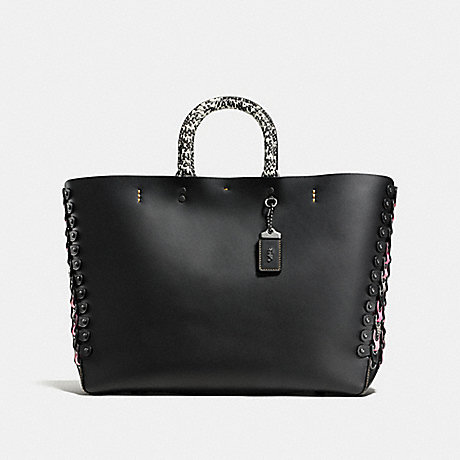 COACH ROGUE TOTE WITH SNAKESKIN COACH LINK DETAIL - Black/Pink/Black Copper - f86919