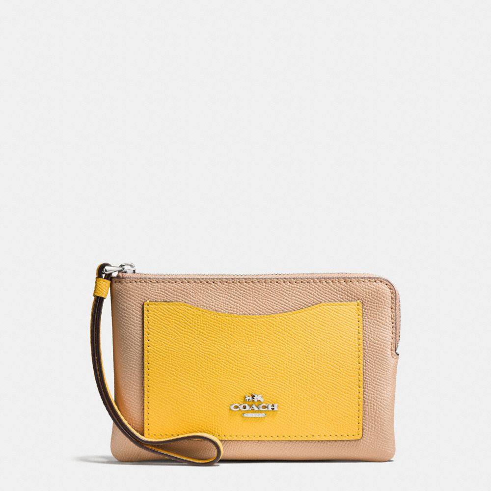 COACH F86924 Corner Zip Wristlet In Colorblock Leather SILVER/BEECHWOOD
