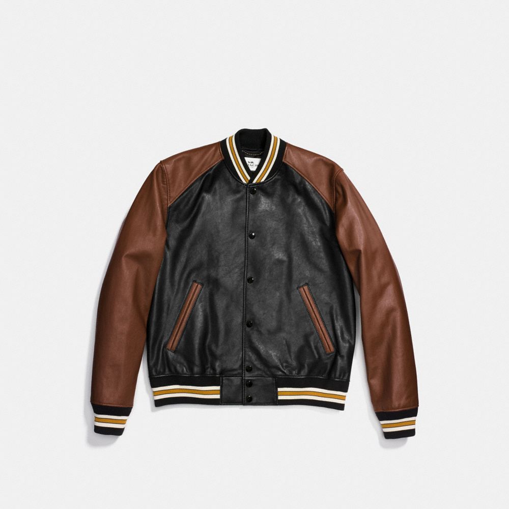 COACH F87443 - LEATHER VARSITY JACKET BLACK/DARK SADDLE