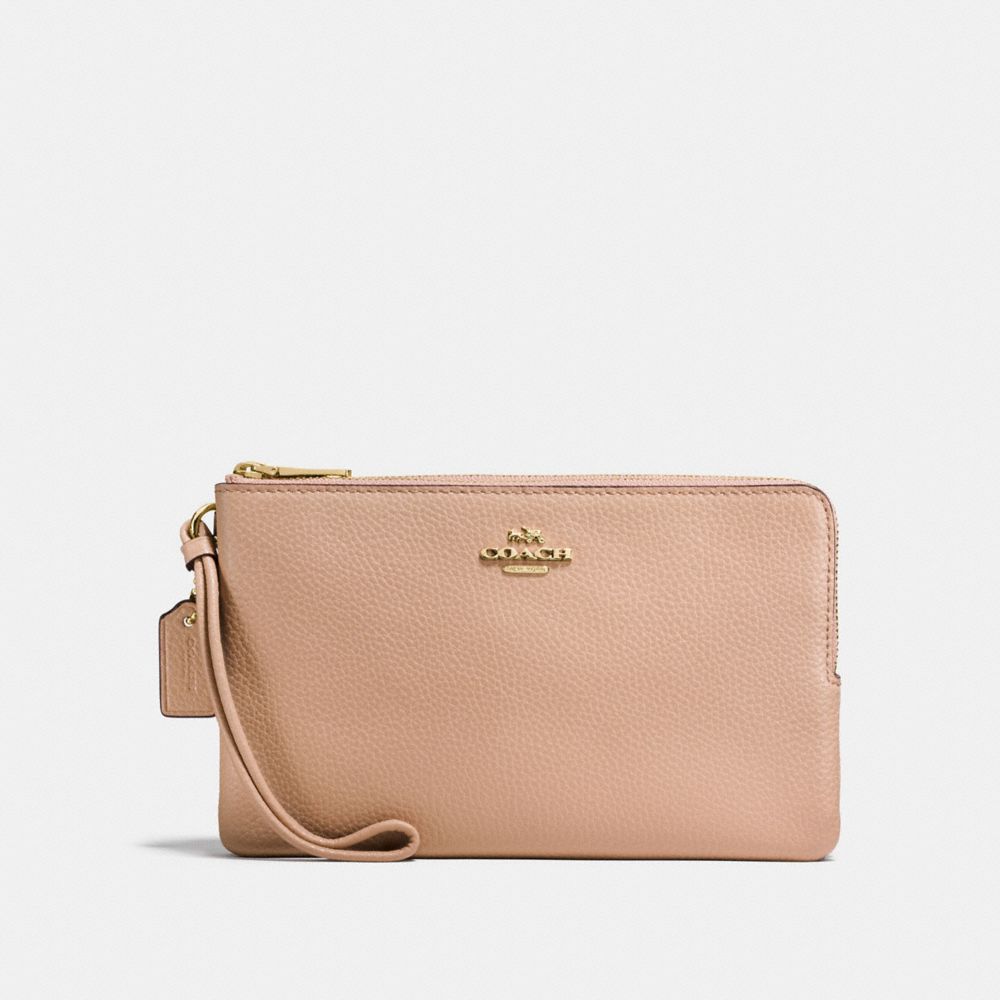 COACH F87587 Double Zip Wallet In Polished Pebble Leather IMITATION GOLD/NUDE PINK