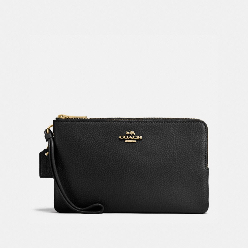 COACH F87587 Double Zip Wallet In Polished Pebble Leather IMITATION GOLD/BLACK