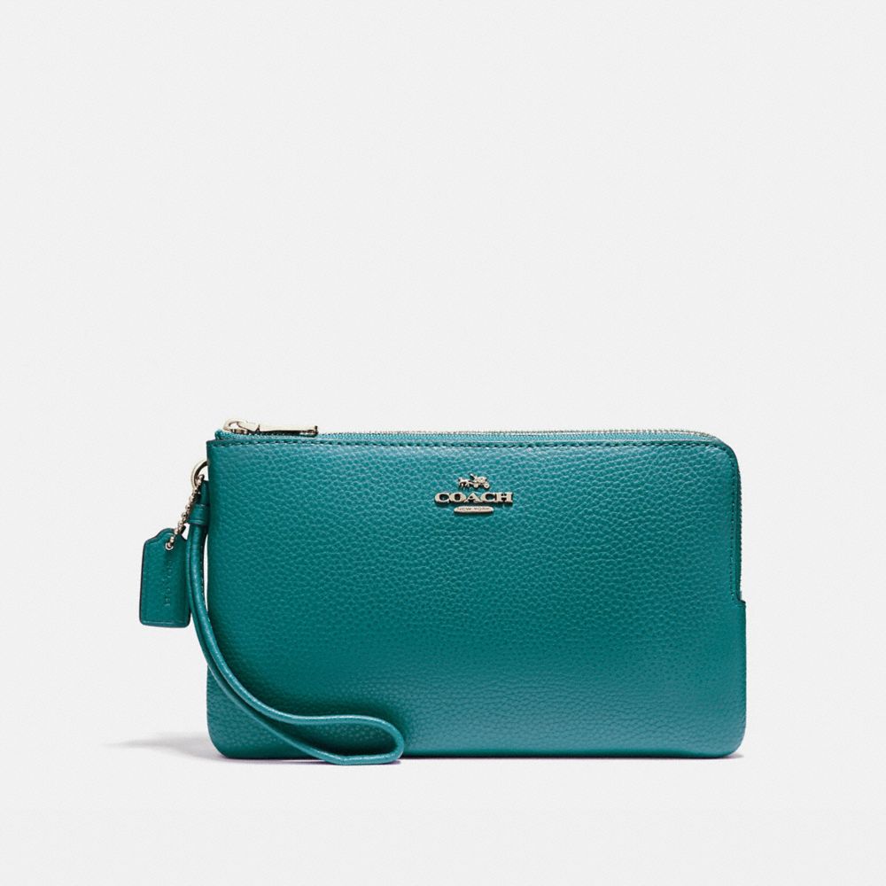 COACH F87587 - DOUBLE ZIP WALLET IN POLISHED PEBBLE LEATHER LIGHT GOLD/DARK TEAL