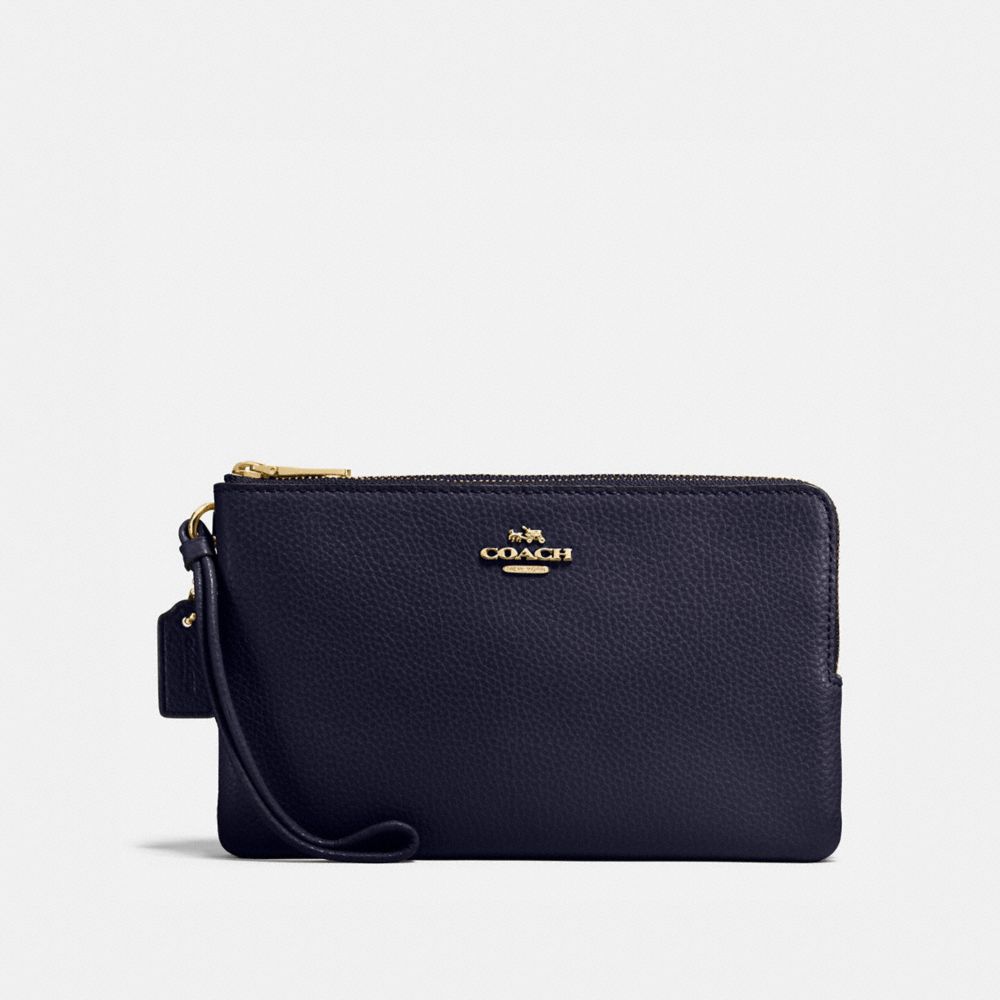 COACH F87587 Double Zip Wallet In Polished Pebble Leather IMITATION GOLD/MIDNIGHT