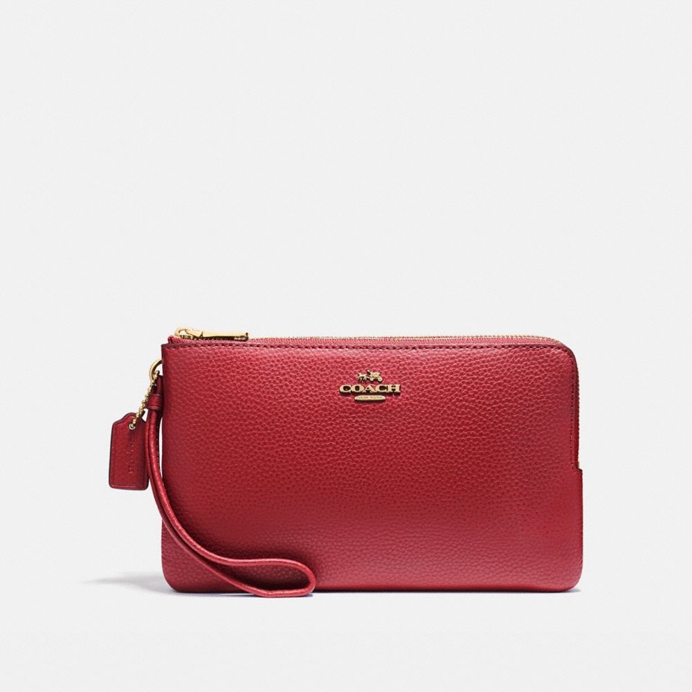 COACH DOUBLE ZIP WALLET - LIGHT GOLD/DARK RED - f87587