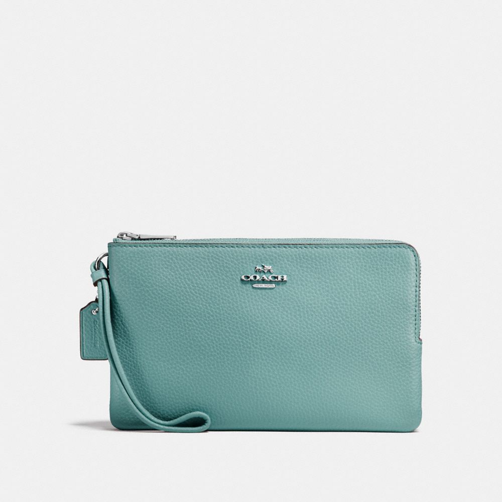 COACH F87587 DOUBLE ZIP WALLET SILVER/AQUAMARINE