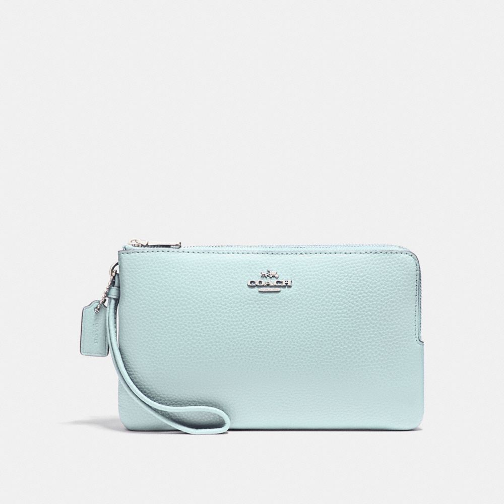 DOUBLE ZIP WALLET IN POLISHED PEBBLE LEATHER - SILVER/AQUA - COACH F87587