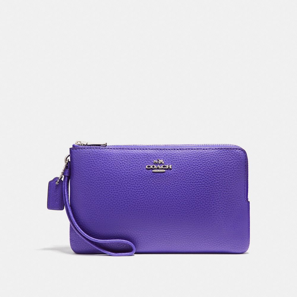 COACH f87587 DOUBLE ZIP WALLET IN POLISHED PEBBLE LEATHER SILVER/PURPLE