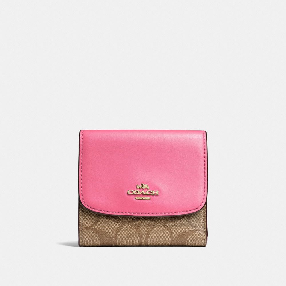 COACH SMALL WALLET IN SIGNATURE CANVAS - KHAKI/PINK RUBY/GOLD - F87589