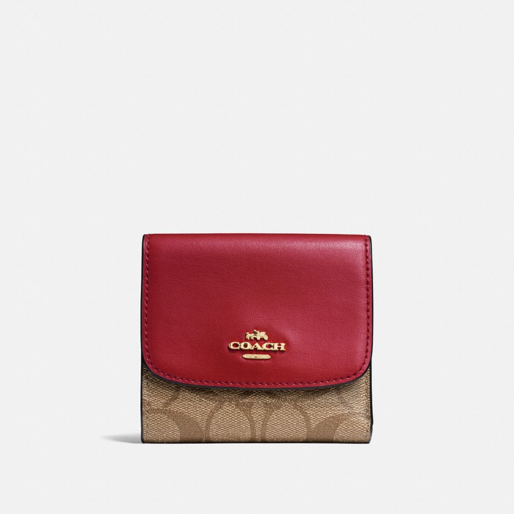 COACH F87589 - SMALL WALLET IN SIGNATURE CANVAS KHAKI/CHERRY/LIGHT GOLD