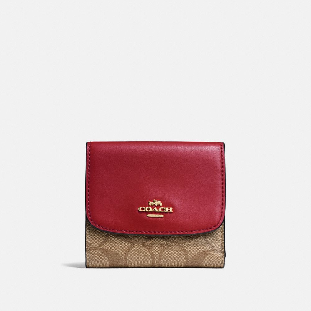 COACH F87589 SMALL WALLET IN SIGNATURE CANVAS KHAKI/CHERRY/LIGHT-GOLD