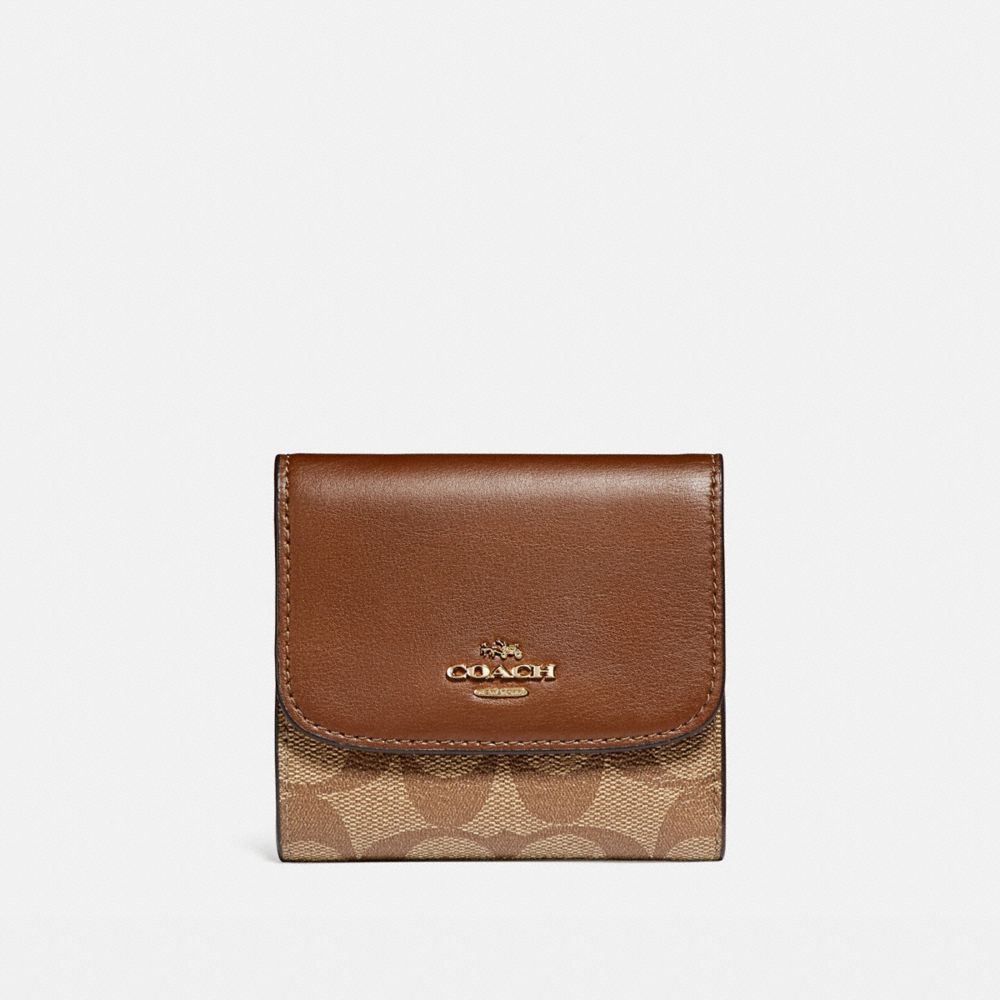COACH F87589 SMALL WALLET IN SIGNATURE CANVAS KHAKI/SADDLE 2/LIGHT GOLD