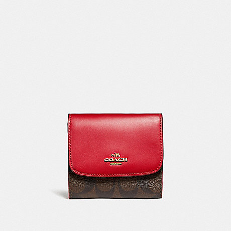 COACH F87589 SMALL WALLET IN SIGNATURE CANVAS BROWN/TRUE RED/LIGHT GOLD